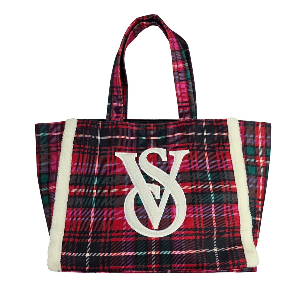 Victorias Secret Red Plaid Faux Shearling Trim Tote Bag Holiday VS Logo Large